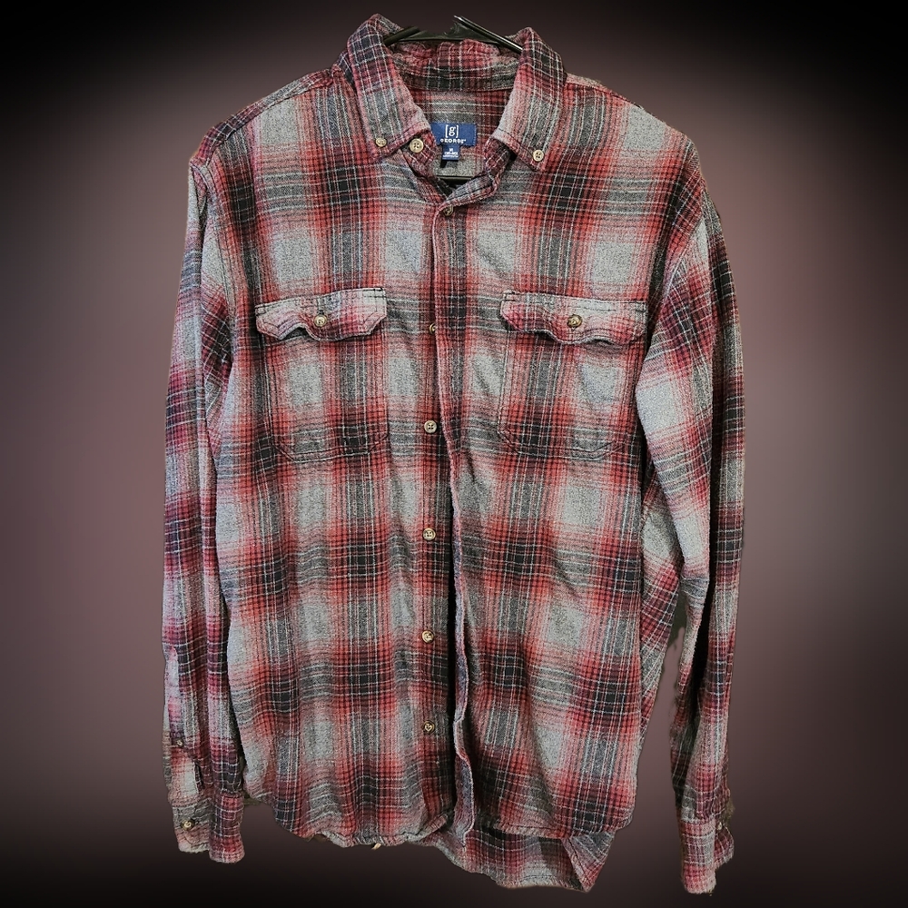 Button Down Flannel - Grey, Red, & Black Plaid - Men's Medium